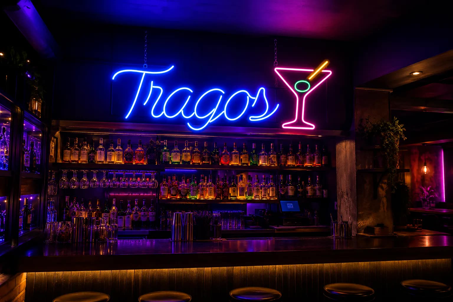 Neón LED personalizado con la palabra Tragos sobre una barra