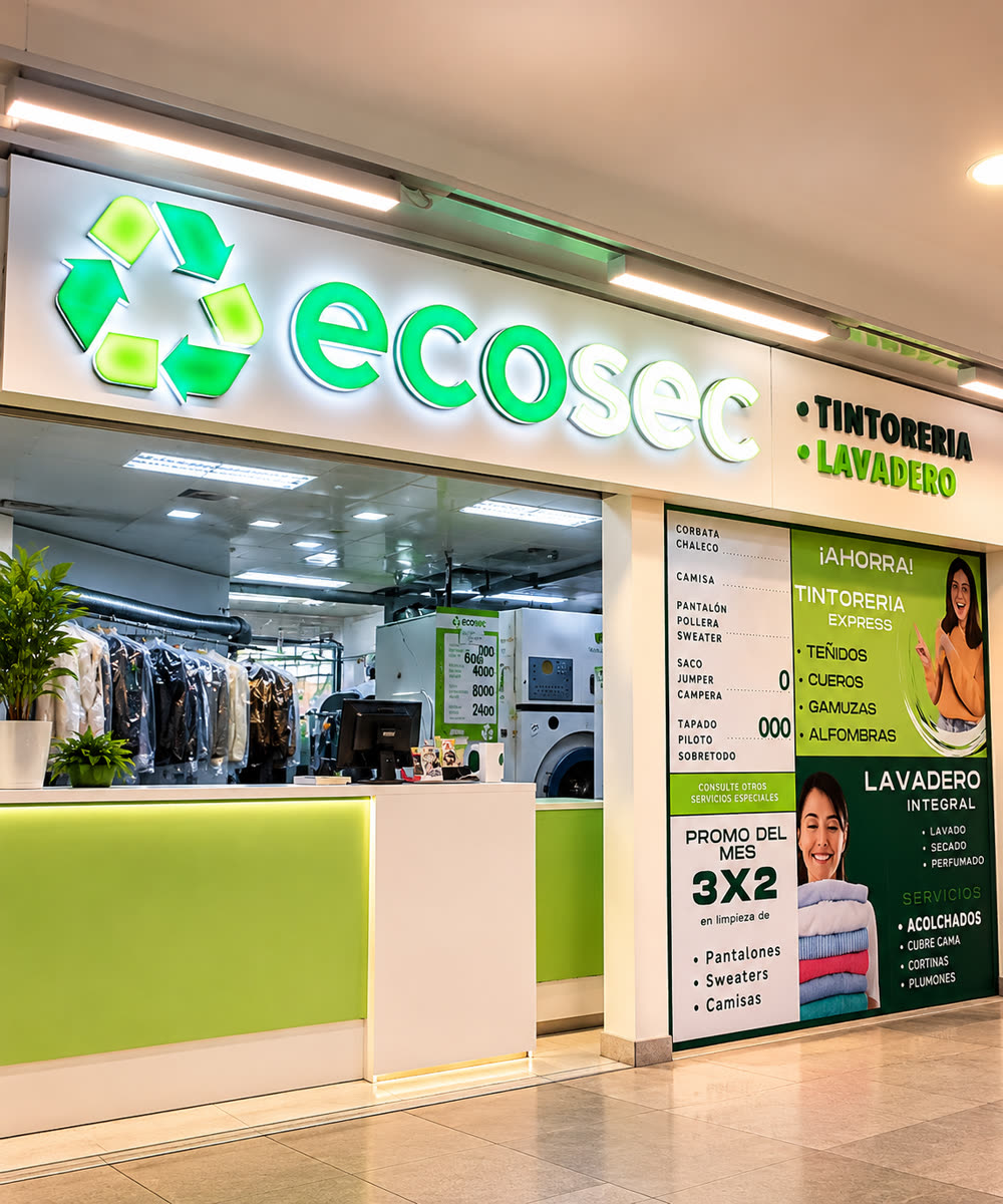 Fachada de Ecosec con letras corpóreas, cartel y gráfica integrados