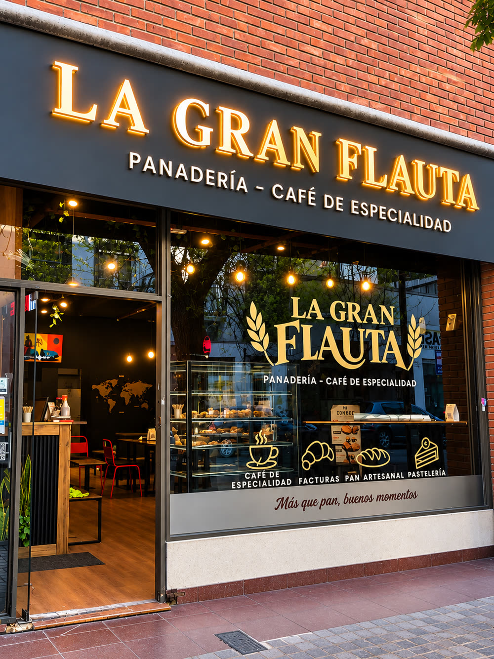 Fachada de La Gran Flauta con letras corpóreas iluminadas